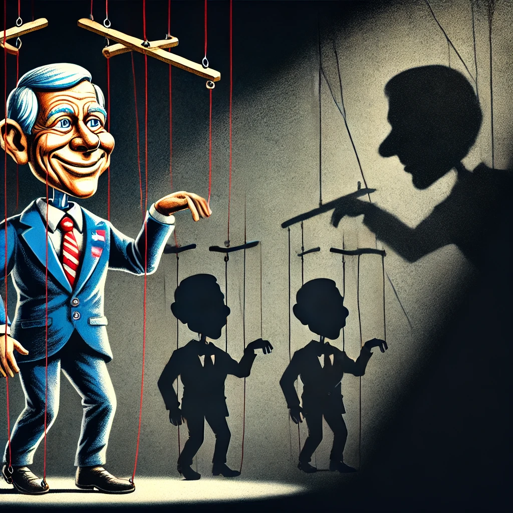 DALL·E 2024-06-28 14.47.07 – A detailed illustration of a political puppet, showing a marionette puppet with strings attached to its limbs and head. The puppet has a caricatured p