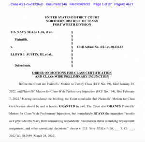 BREAKING: TX Federal Judge Grants Class Action Status To Navy SEALS In Lawsuit Against Secretary of Defense Austin Over Vaccine Mandates