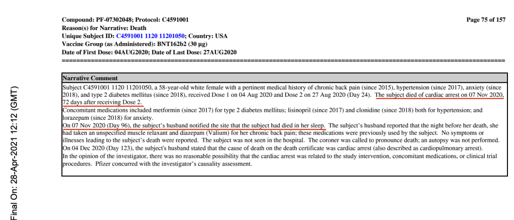 Pfizer Narrative Report Showing Subject Death